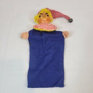 Vintage Pinocchio Puppet Hand Painted Wooden Face Yellow Hair Fabric Body